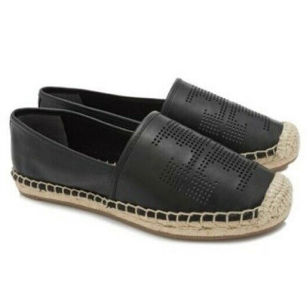 Tory Burch Black Leather Espadrilles with Natural Jute Trim